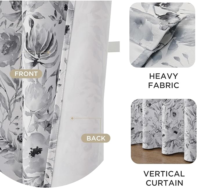 Joydeco Printed Curtains 96 inches Long,Gray Floral Blackout Curtains for Living Room 2 Panels,52 x 96 inch Rod Pocket Thermal Insulated Bohemian Drapes for Farmhouse,Bedroom,White