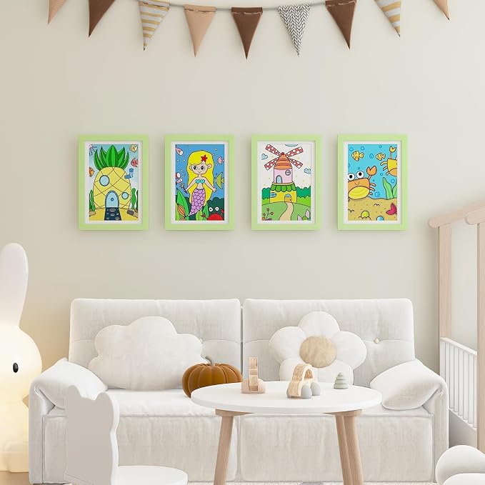 KINLINK A4 Kids Art Frame 2 Pack, Solid Wood Artwork Frames Changeable, Front Opening Hold 150 Pictures, Art Frames for Kids Artwork, 6.6x10.2 with Mat A4 without Mat, Picture Frames Light Green