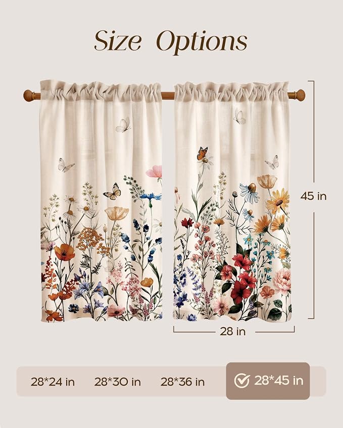 Miss Adola Floral Kitchen Tier Curtains - 45 Inch Length Linen Blend Farmhouse Cafe Curtains Vintage Small Window Treatments Over Sink Rod Pocket for Bathroom Living Room Light Filtering, 2 Panels