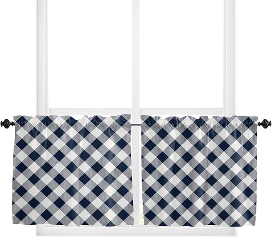 24 Inch Long Tier Curtains for Kitchen, Pastoral Style Navy Blue Lattice Bathroom Window Curtains Rod Pocket Short Curtains Window Treatment Tiers for Living Room Farmhouse 2 Panels