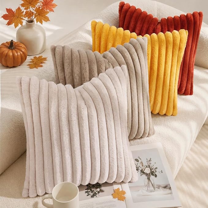 decorUhome Fall Cozy Faux Fur Throw Pillow Covers 12x20 Set of 2 Decorative Soft Plush Striped Lumbar Modern Farmhouse Boho Couch Pillow Cases with Velvet Back for Sofa Bed Living Room, Rust