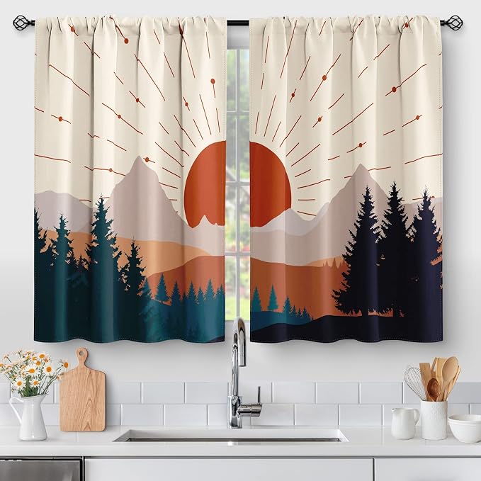 Aimego Boho Forest Kitchen Curtains - Aesthetic Modern Country Mountain Sunset Nature Sun Rustic Art Short Cafe Tier Curtains Decor for Living Room Rod Pocket Window Drapes 2 Panels Set 28"x30"