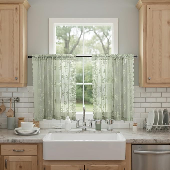 Kotile Sage Green Sheer Curtains 36 Inch Length 2 Panels, Country Rustic Floral Design Spring Short Sheer Curtains for Windows, Rod Pocket Privacy Lace Cafe Curtains, 42 x 36 Inch Each, Sage Green