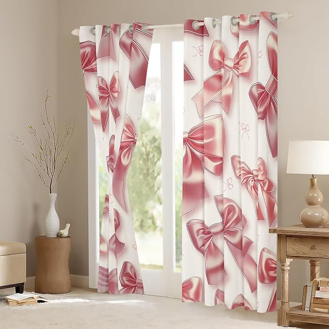Erosebridal Cute Ribbon Bow Curtain Pink Kawaii Bowknot 52" Wx84 L Window Curtain for Girls Kids Teen,Watercolor Bow Princess Window Treatments Dreamy Bowknot Curtains & Drapes