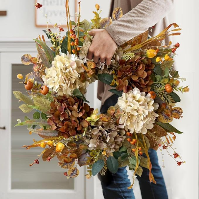 WANNA-CUL 24 Inch Fall Wreaths for Front Door with Hydrangea,Mini Pumpkins | Twig Base Rustic Autumn Wreath,Thanksgiving Farmhouse Decor, Fall Decorations For Home, Indoor Outdoor Halloween Harvest Gift