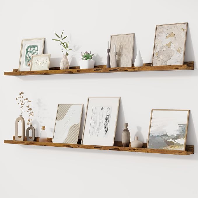 Fun Memories Picture Ledge Shelf, 48 Inch Floating Shelves Set of 2, Large Nursery Book Shelves for Storage, Bookshelf Wall Mounted for Wall Decor Books Photo Frames, Rustic Brown
