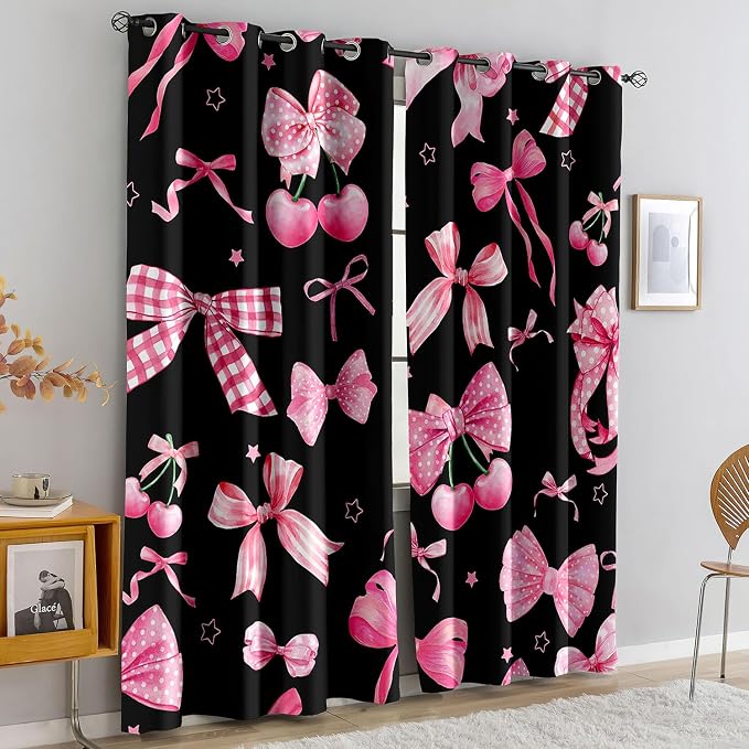 LUVIVIHOME Pink Bow Cherry Curtains, Cute Blackout Curtains, Girls Bedroom Decor, Girly Black Curtains, 2 Panel Sets, 52x84 Inch