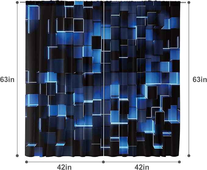 MESHELLY Abstract Blue Black Curtains 42Wx63H Inch Rod Pocket Modern 3D Gradient Design Futuristic Geometric Cubes Bedroom Window Drapes Man Boys Printed Living Room Window Treatment Fabric 2 Panels