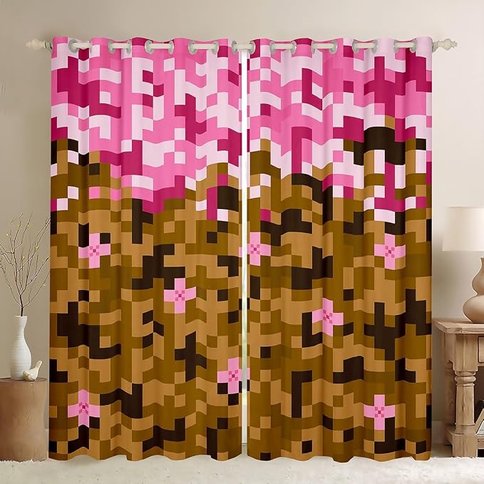 Castle Fairy Miner Theme Games Window Curtain,Pixel Pink Brown Blackout Window Treatment,Kids Teens Adult Building Gamers Bedroom Curtains Block Patchwork Living Room Decor Top 2 Panels,42Wx90L