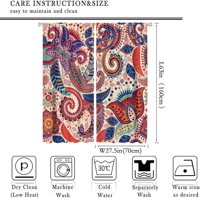 Boho Decorative Curtains Bedroom Living Room Rod Pocket Curtains, Vintage Boho Grill Floral Pattern 2 Panel Set, 55x63 in.