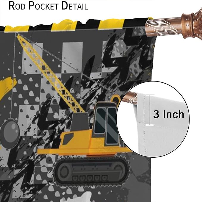 Cartoon Car Blackout Curtain,Boy Kids Construction Yellow Tractor Excavator Window Curtains Cloth Farbic Kitchen Bedroom Cafe Dining Room Office Living Room Drapes, 42x54 in