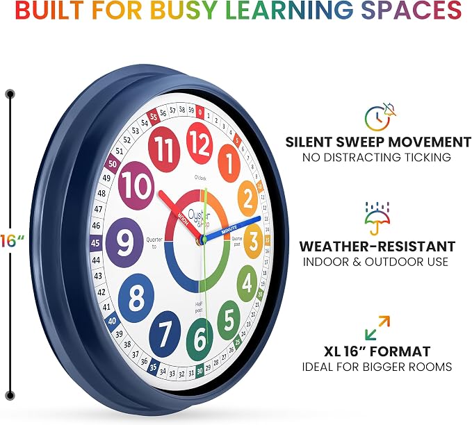 Oyster&Pop Extra Large 16" Kids Clock - Silent Indoor Outdoor Weatherproof Analog Wall Clock - Learning Clock for Kids - Classrooms Homeschool & Patio - Includes How to Tell Time eBook
