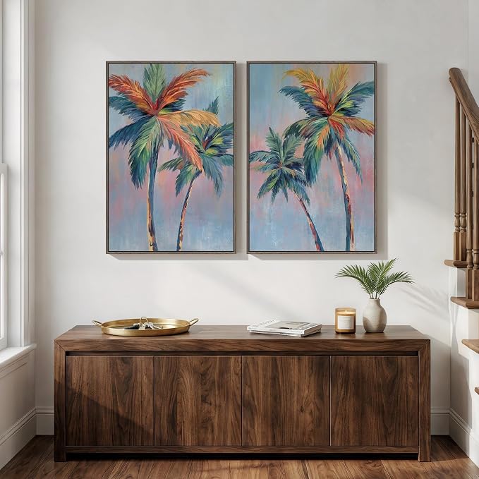Framed Colorful Coastal Palm Tree Wall Art Bedroom, Set of 2 Tropical Beach Canvas Prints Artwork for Walls, Large Pop Art Coastal Paintings Pictures for Living Room Hallway Wall Art Decor, 20x30 Inch