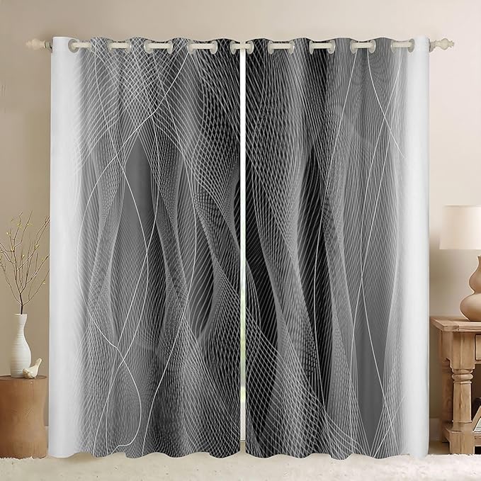 jejeloiu (2 Panels, 52 x 63 Inch Grey and Black Darkening Drapes Strip Lines Curtains for Bedroom Living Room for Kids Women Men Ombre Printed Blackout Curtains Geometric Window Treatments