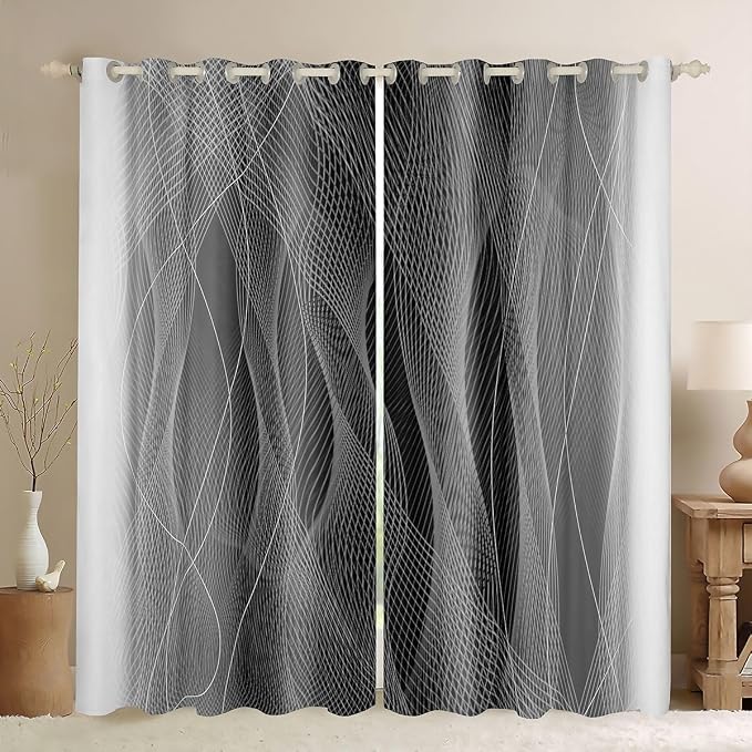 jejeloiu (2 Panels, 52 x 84 Inch Grey and Black Darkening Drapes Strip Lines Curtains for Bedroom Living Room for Kids Women Men Ombre Printed Blackout Curtains Geometric Window Treatments