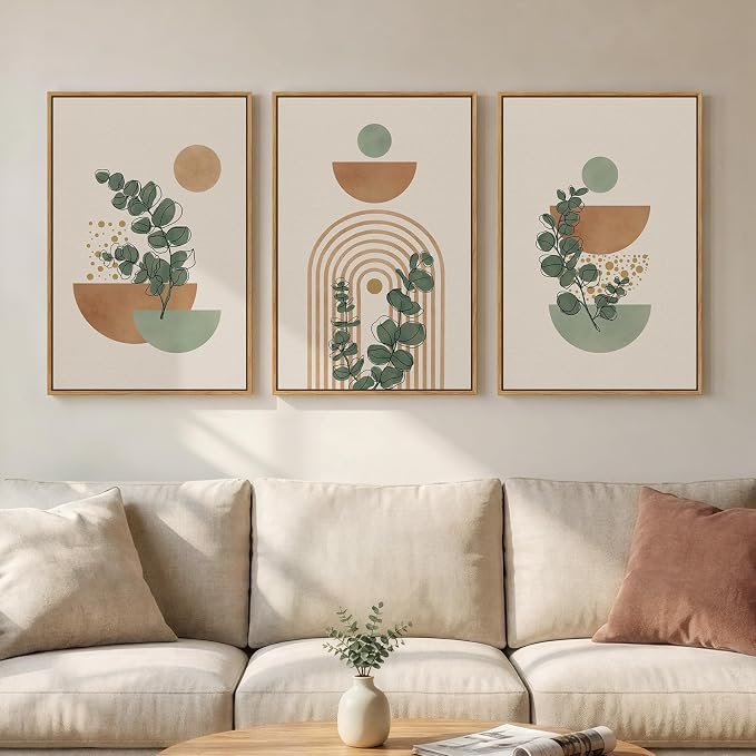 Framed Abstract Boho Wall Art for Living Room, Large Botanical Sage Green Plant Canvas Artwork for Walls, Minimalist Neutral Geometric Line Prints Paintings for Bedroom Hallway 16x24 Inch
