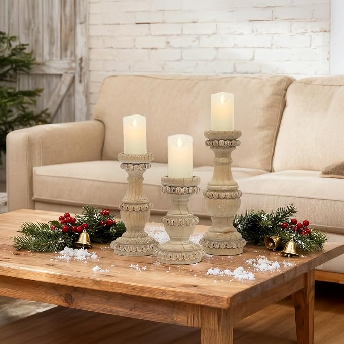 Farmhouse Wooden Candle Holders for Pillar Candles, Set of 3 Vintage Wooden Beaded Candle Holder, Tall Candle Stand Decorative for Living Room, Table Centerpiece (Natural)