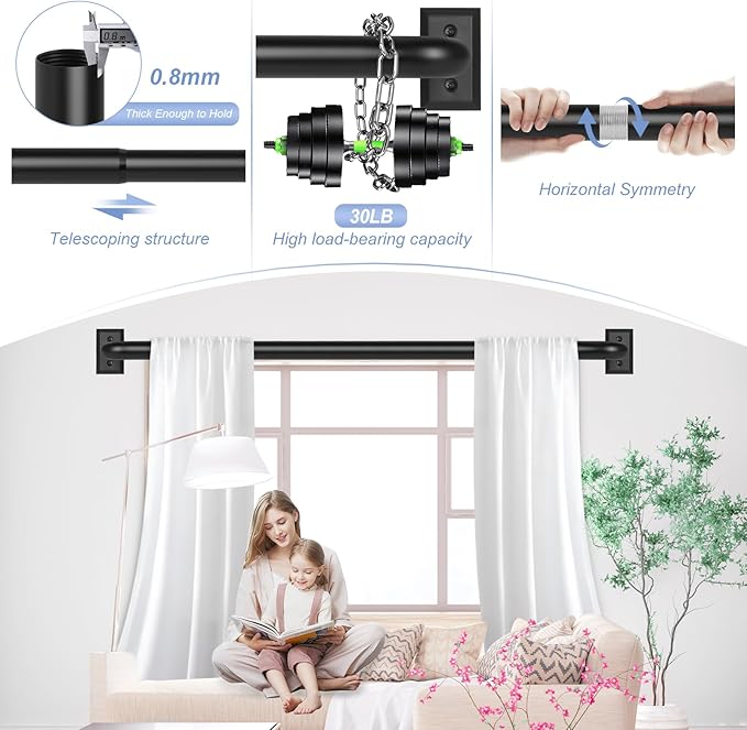 TANGWIN Black Wrap Around Curtain Rods 2 Pack:Blackout Heavy Duty Adjustable Window Curtain Rod for Bedroom Kitchen,Modern Decorative Curved French Metal Drapery Rods Easy Install,Matte Black 48-90"