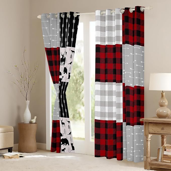 Buffalo Plaid Curtains For Boys Girls, Woodland Moose Window Curtains Vintage Deer Bear Curtains & Drapes 42"Wx84"L, Buffalo Plaid Farm Animal Blackout Curtains Rustic Patchwork Curtains, Red Black