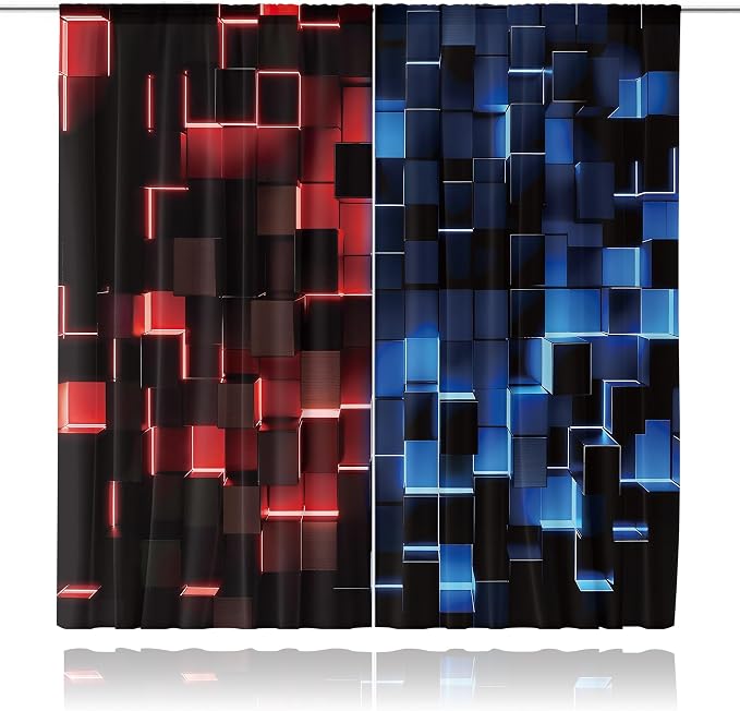 MESHELLY Red and Blue Curtains 42Wx63H Inch Rod Pocket Abstract 3D Cubes Gradient Design Cool Modern Men Boys Game Gaming Checkered Bedroom Window Drapes Aesthetic Printed Living Room Window Treatment