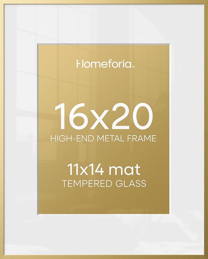 Homeforia 16 x 20 Picture Frame Gold, High End Metal 16x20 Poster Frames with Mat 11x14 Photo, 16 x 20 Gold Frame Matted to 11 by 14 Print, 20x16 Thin Hanging Frame, Tempered Glass, Wall Kit, Set of 1