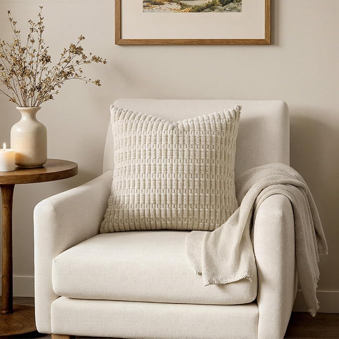 MIULEE Pack of 2 Corduroy Decorative Throw Pillow Covers 16x16 Inch Soft Boho Striped Pillow Covers Modern Farmhouse Home Decor for Sofa Living Room Couch Bed Cream White
