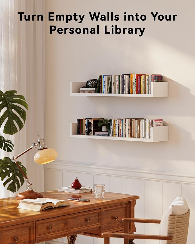 Floating Bookshelves for Wall - Wall Mounted Bookshelf Set of 4, U-Shaped Hanging Bookshelf for Bedroom, Living Room & Office, Wall Book Shelf for Home Decor & Storage (White, 31.5, 2)