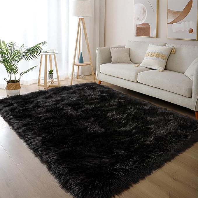 Latepis Black Faux Fur 4'x5'10" Area Rug, Soft Plush Faux Fur Sheepskin Rugs for Living Room, Washable Fluffy Fuzzy Rug for Bedroom and Living Room, Luxury Room Decor, Rectangle