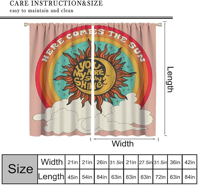 Vintage Sun Moon Blackout Curtains, 70S Groovy Retro Rainbow Clouds Window Treatment Drapes for Bedroom Living Room 63" W X 72" L