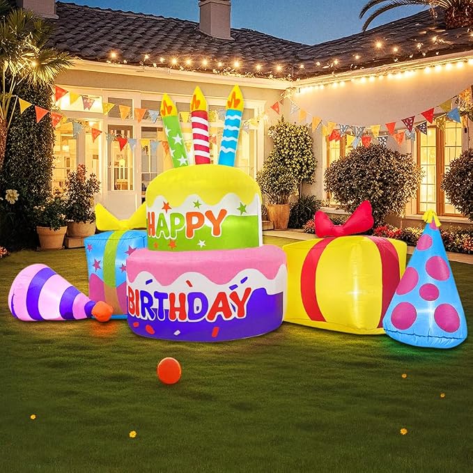 8FT Inflatable Happy Birthday Cake Decoration with Candles Blow up Outdoor Yard Decorations, Built-in LED Lights for Holiday Party Garden Lawn Indoor Home Celebration