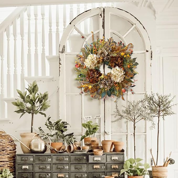 WANNA-CUL 24 Inch Fall Wreaths for Front Door with Hydrangea,Mini Pumpkins | Twig Base Rustic Autumn Wreath,Thanksgiving Farmhouse Decor, Fall Decorations For Home, Indoor Outdoor Halloween Harvest Gift
