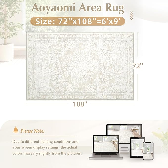 Aoyaomi Vintage Living Room Area Rug - 6x9 Large Machine Washable Boho Area Rug Distressed Floral Rugs for Bedroom, Soft Non-Slip Indoor Floor Accent Rugs for Office Dining Room (Cream Beige, 6'x9')