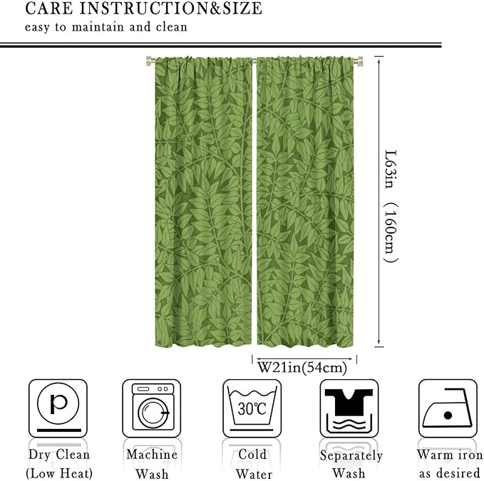 Bohemia Retro William Morris Art Blackout Window Curtains, Flowers Foliage on Green Background Curtains, for Living Room Bedroom 21(W)*63(L) 2 Panels