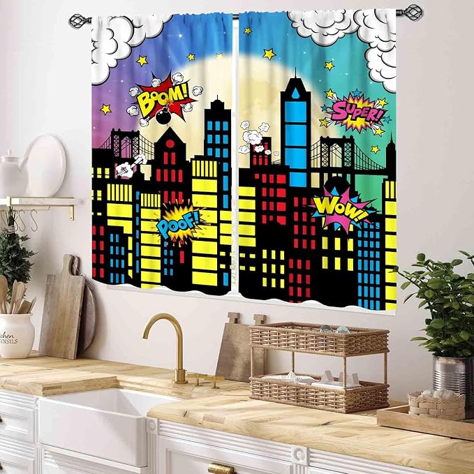 Super City Hero Curtain, Comic Style Cityscape Skyline Buildings Cartoon Window Curtains for Boys Kids Teens Baby Room Bedroom Living Nursery 2 Panel Sets, 55x39 Inch