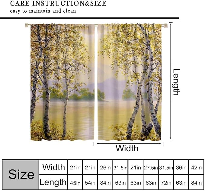 Forest Curtains, Yellow Countryside Nature Foggy Autumn River Birch Forest Falling Leaves Blackout Window Treatments, Thermally Insulated Drapes for Boys Girls Living Room Bedroom 42x63in