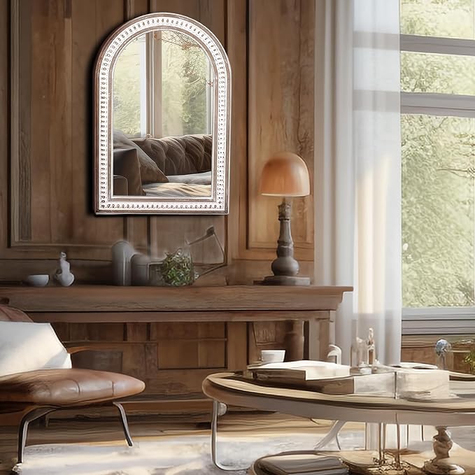 36x24 Inch Arched Wall Mirror, Rustic Farmhouse Arch Mirror for Bathroom | Raised Bead Detailing Adds Boho Character Above Sinks, Vanities, Consoles, Dressers, Mantels, or Sideboards