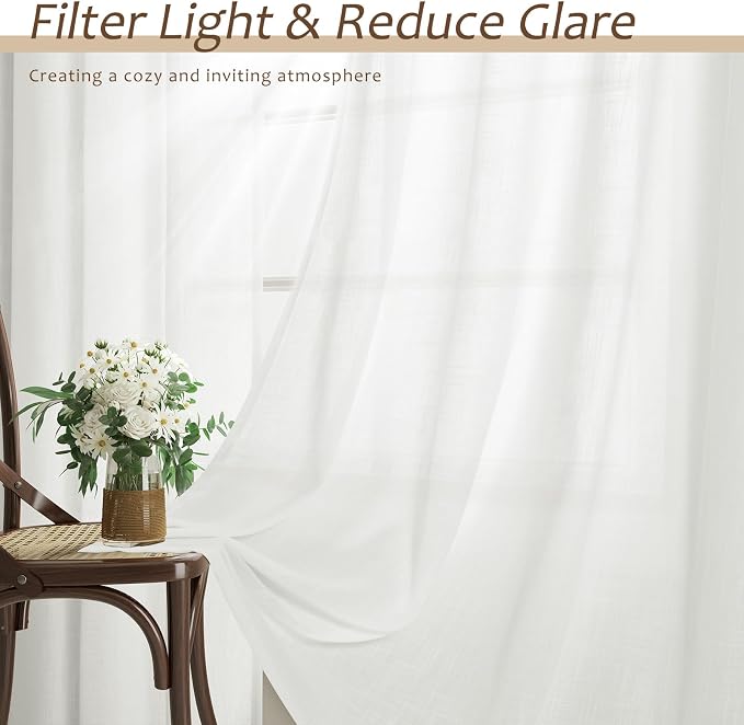Aersas Off White Back Tab Linen Curtains for Living Room 2 Panel Light Filtering Semi Sheer Linen Drape Neutral Country Rustic Farmhouse Boho Curtain 52W x 96L