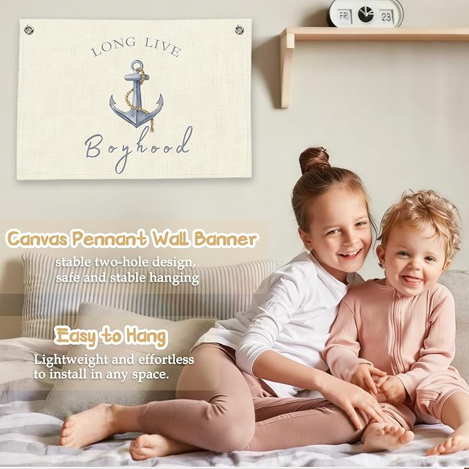RTXLEZM Nautical Boy Nursery Decor, Long Live Boyhood Canvas Banner | Anchor Nautical Ocean Coastal Wall Art Prints for Kids Toddler Boys Nursery Room Bedroom Playroom Decor, 20x30 Inch
