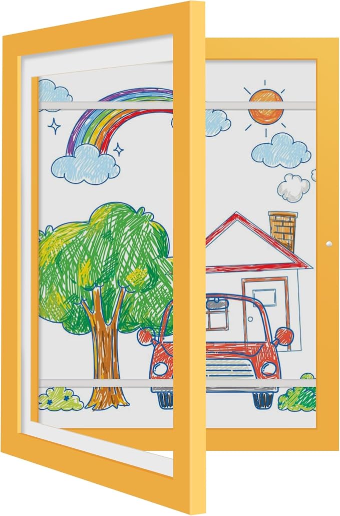 Kids Art Frames 9x12 - Front Opening Childrens Picture Frame Changeable, Wood Artwork Display Storage for Wall Mount, Magnetic Door Holds 50 Art Pieces for Drawings, 3D Picture, Crafts, Portfolio, Yellow