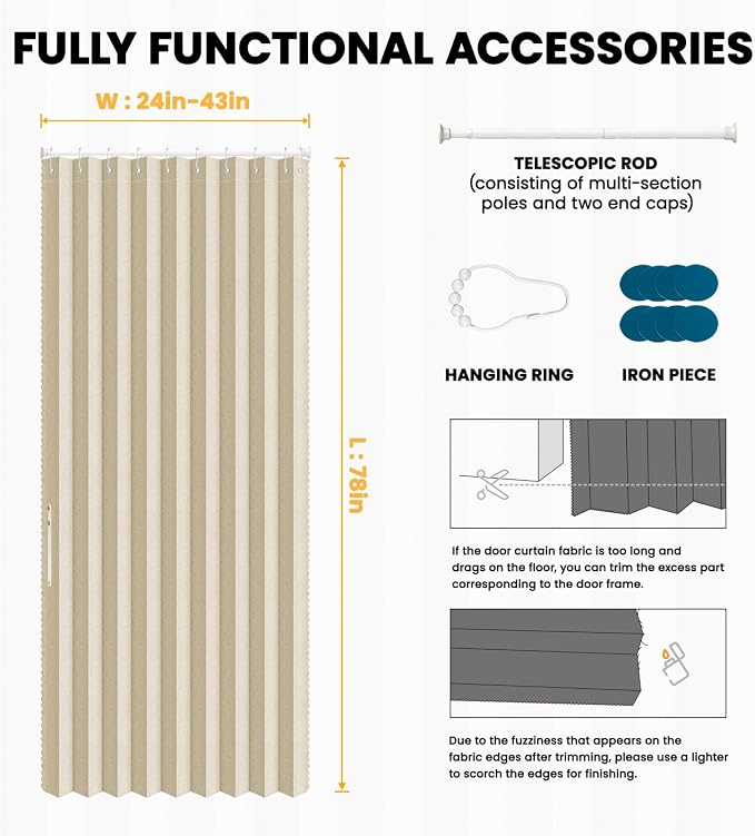 AJAZZ Set: Curtain Rods No Drilling (28-39" W Adjustable Range) & Accordion Door Curtain Cream White 42W×78" L, Accordion Doors for Closet Doorway Room Divider
