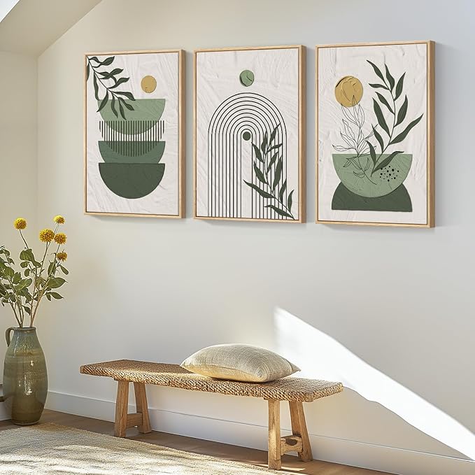 Framed Sage Green Boho Wall Art Bedroom, 3 Piece Bohemian Botanical Paintings Prints Canvas Artwork for Walls, Large Mid Century Modern Boho Pictures for Living Room Home Office Wall Decor, 16x24 In