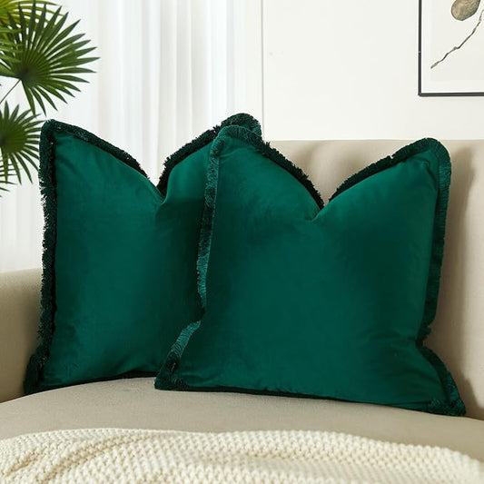 JUSPURBET Pack of 2 Forest Green Decorative Fringe Velvet Throw Pillow Covers 22x22 for Home Decor Living Room Bedroom Car Boho Soft Cushion Cover with Hidden Zipper Machine Washable