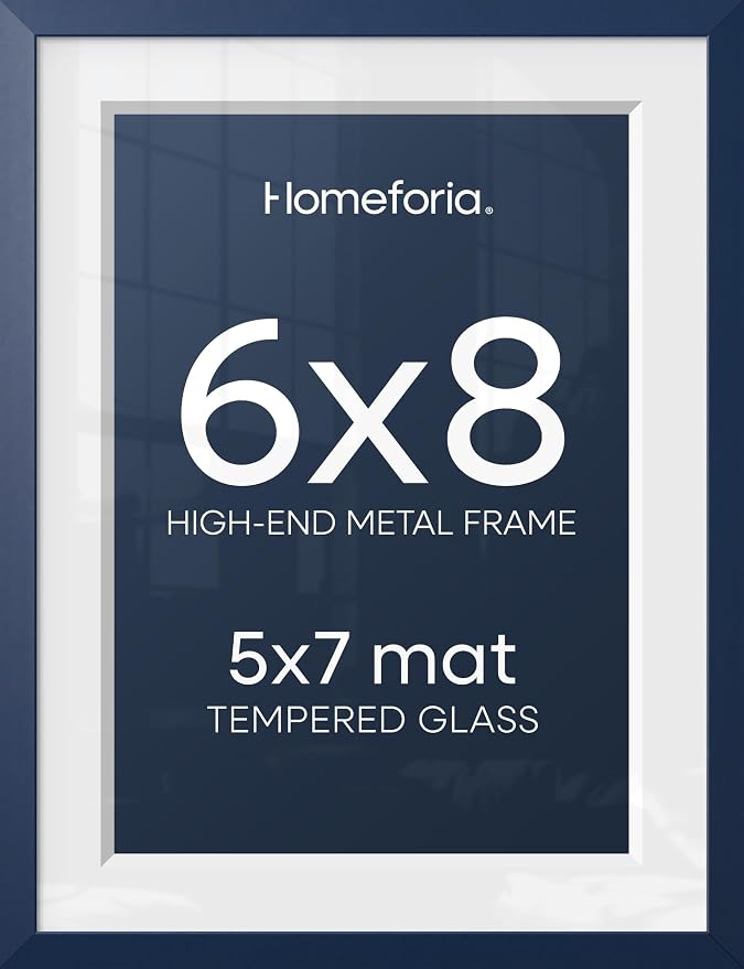 Homeforia Navy Blue 6x8 Picture Frame, High End Metal 6 x 8 Frames with Mat 5 x 7 for Print, 6by8 Desk Frame Matted to 5x7 inch Photo, 6 by 8 Wall or Tabletop Frame, Tempered Glass, Wall Kit, Set of 2