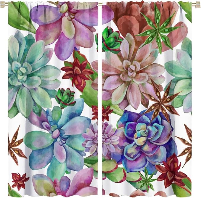 Succulents Tropical Plant Curtain Floral Boho Watercolor Summer Desert Botanical Vintage Garden for Home Kitchen Livingroom Coffee Room Curtains Drapes 2 Panels 84x84in