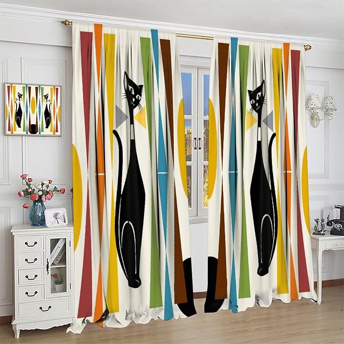 JESTRONRY Mid Century Style Curtains,Black Cat Modern Abstract Geometric Vintage Colorful Shape Pattern Theme Home Fabric Living Room Bedroom Kitchen Bathroom Decor 42x54in