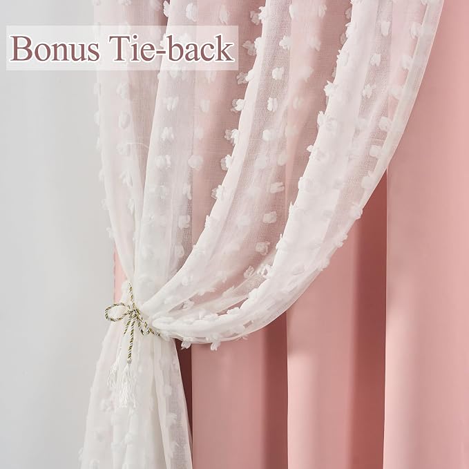 Pink Blackout Pom Pom Sheer Curtain for Girls Bedroom 2 Panels, Double Layered Curtain with White Overlay, Light Blush Baby Toddler Nursery Curtains 84 Inches Long, Cute Boho Window Drapes