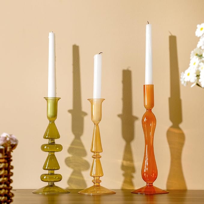 Mumufy 3 Pcs Vintage Christmas Glass Candlestick Holders Neutral Christmas Shaped Glass Taper Candle Holder Amber Olive Honey Gold Xmas Candle Stick Vase Decor for Holiday