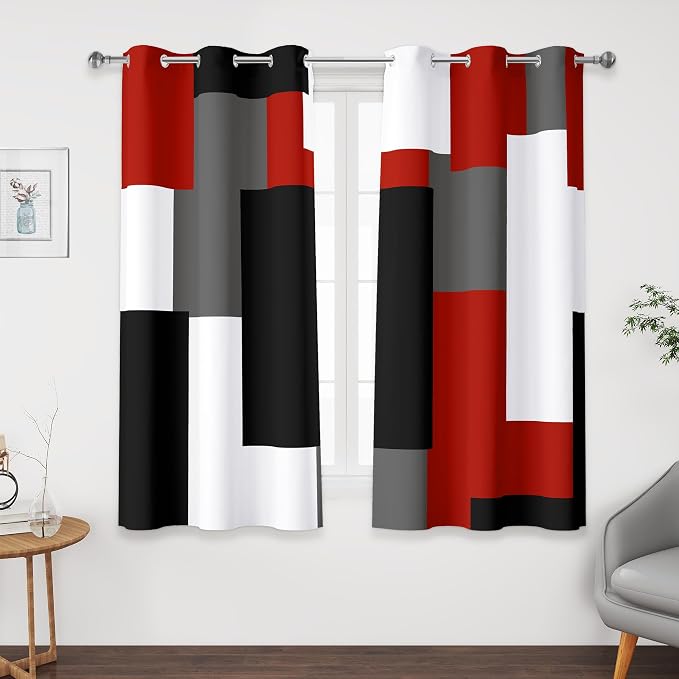 Tyrot Red Black 100% Blackout Curtains 45 inch Length 2 Panels Set White Grey Modern Abstract Geometric Drapes for Kitchen Black Out Curtains Insulated Room Darkening Small Window Curtains, 42Wx45L
