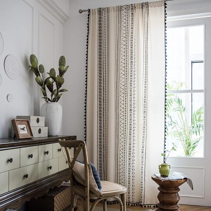 ColorBird Boho Curtains 84 Inches Length Modern Farmhouse Decor Black and White Striped Geometric Aztec Western Window Treatment Cream Curtain & Drapes 2 Panels for Living Bedroom Dining Room