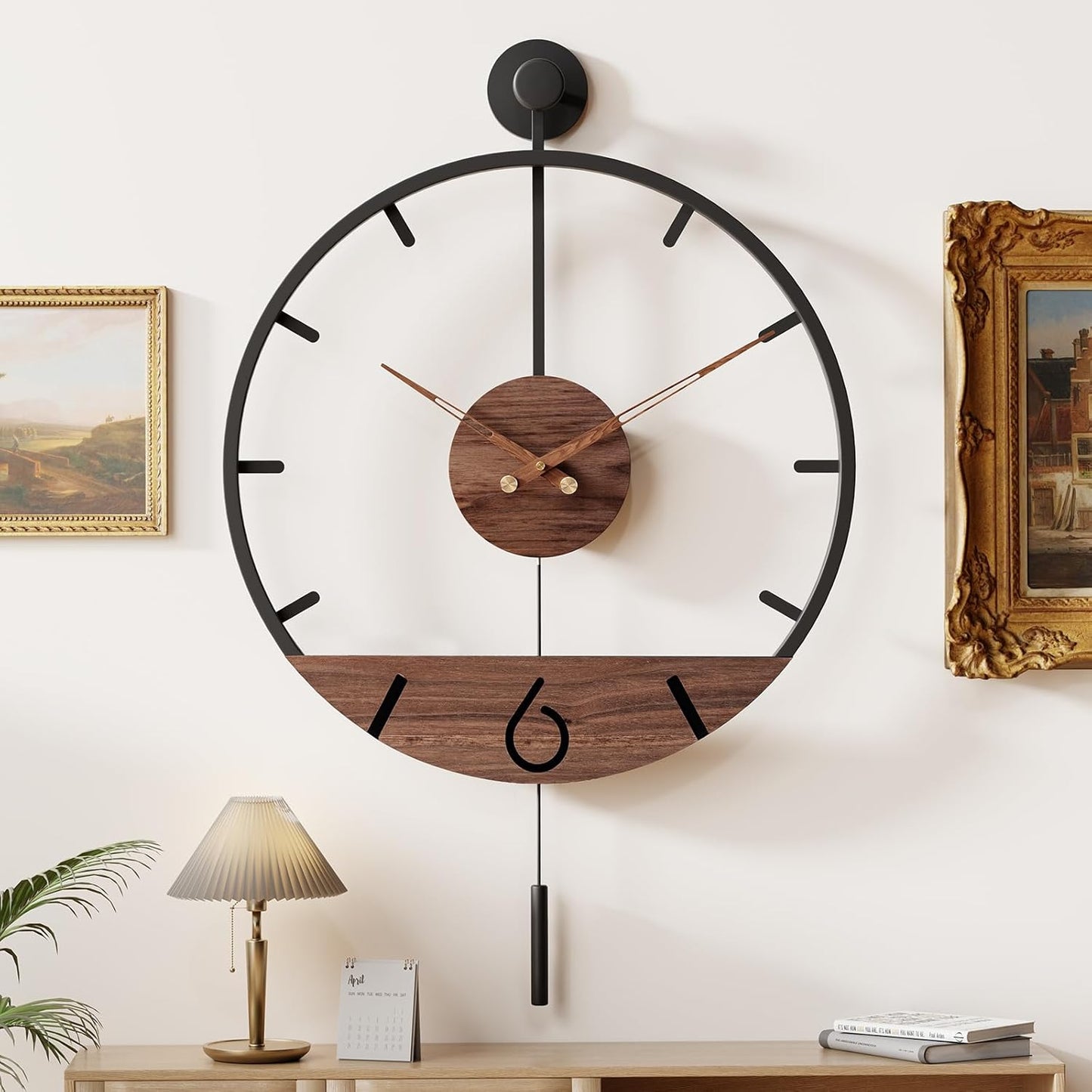 30.7×20 Inch Large Modern Decorative Pendulum Wall Clock,Big Metal Farmhouse Oversized Silent Wall Clocks Minimalist Elegant Walnut Dial Pointers for Living Room,Office,Dining Room Decor